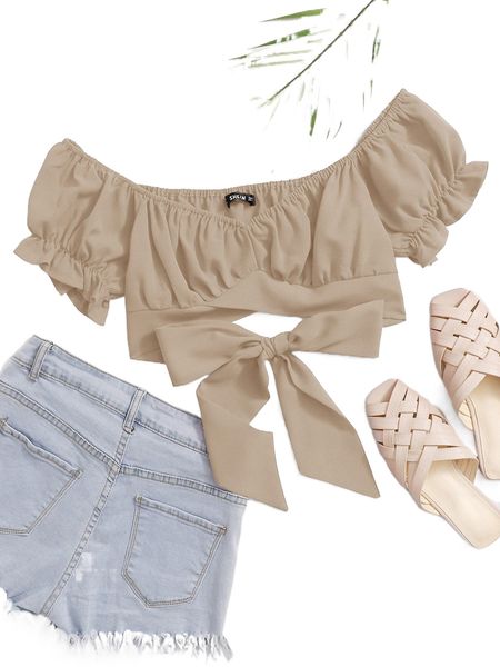 

off shoulder tie back crop h752#, White