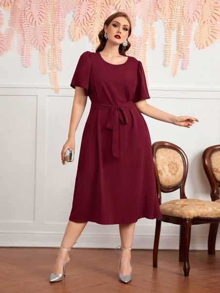 

plus flutter sleeve self belted dress x0f6#, Black