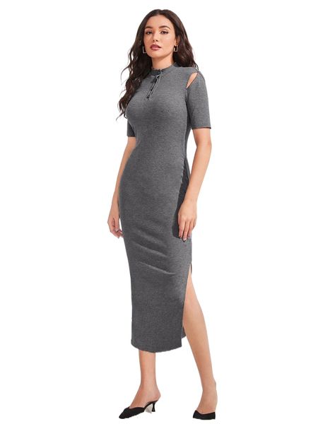 

half button cutout bodycon dress 77fq#, Black;gray