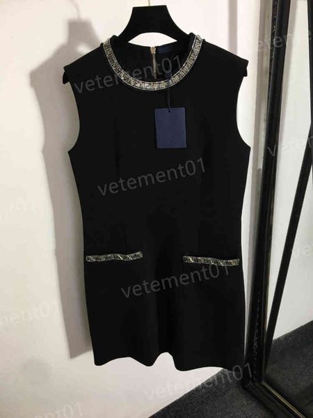 

designer women dresses vintage beading versatile round neck sleeveless tank black dress luxury summer party dress, Black;gray