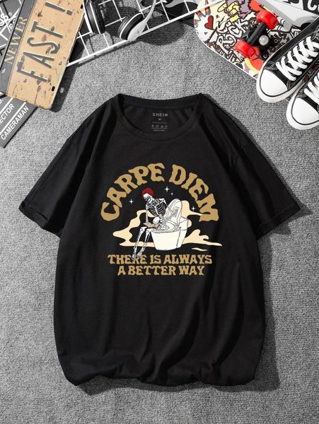 

men skeleton & slogan graphic tee 18zy#, White;black