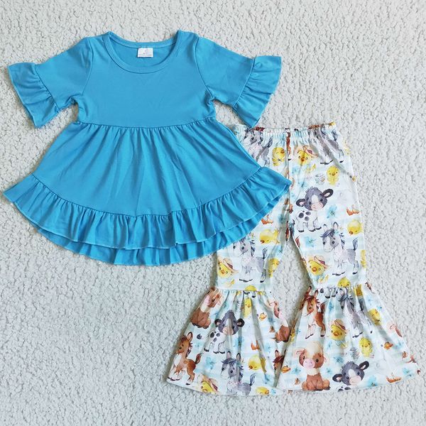 

rts wholesale children clothing set new design baby girl clothes short sleeve bell bottoms outfits animal print cute girls boutique sets hig, White