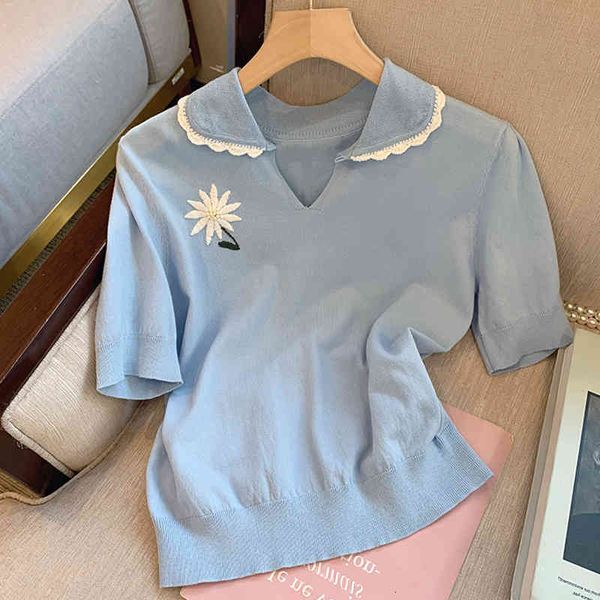 

women's t-shirt blue small fresh short sleeved sweater women's 2022 spring and summer niche slim doll collar pullover sweater gfdr, White