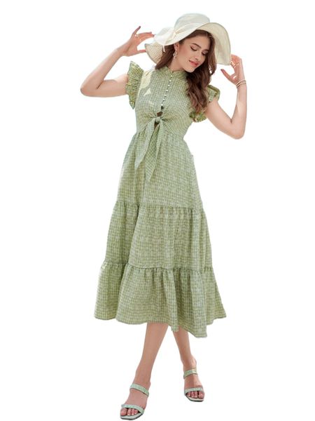 

gingham button knot front ruffle hem dress l9q8#, Black;gray