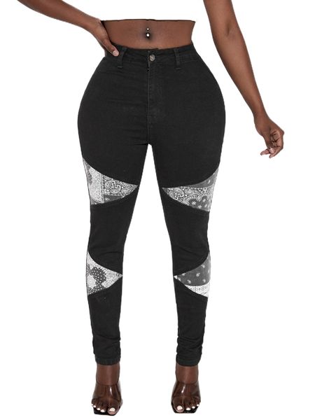 

sxy contrast paisley print skinny jeans t7aq#, Blue