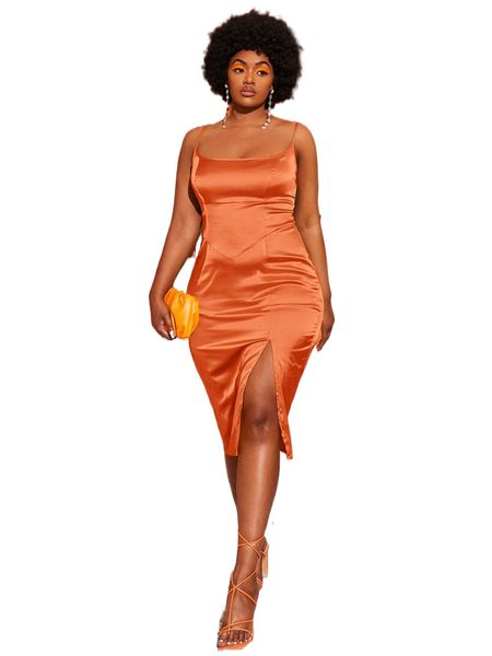 

bae plus split thigh satin cami dress i2fr#, Black