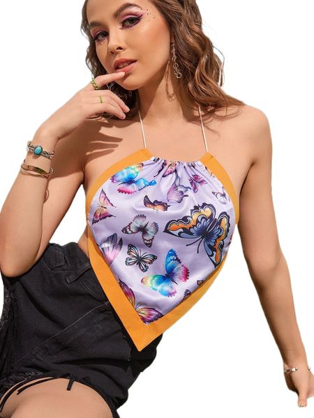 

butterfly print tie backless hanky hem halter v8h5#, White