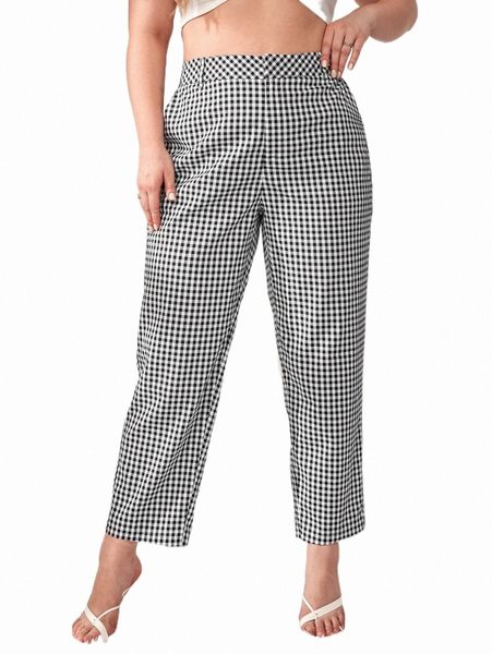 

plus gingham print high waist pants n3d4#, Black