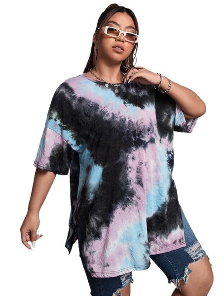 

plus split hem tie dye tee a1af#, Black