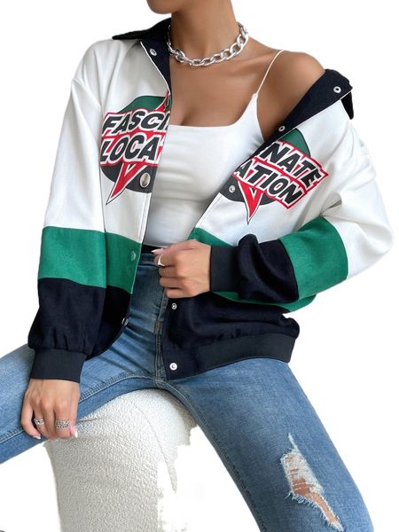 

letter graphic colorblock drop shoulder jacket i61b#, Black;brown