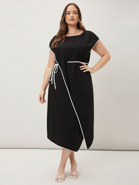 

motf premium plus contrast binding asymmetrical belted dress 14br#, Black