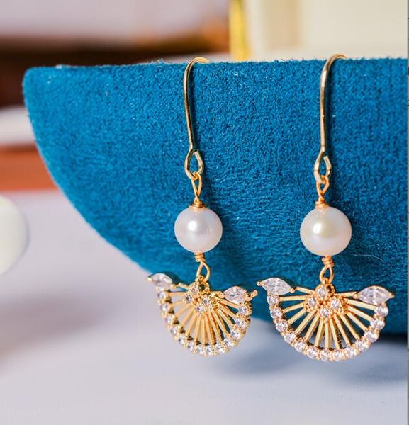 

14k gold plated fan crystal ear hook dangle & chandelier natural freshwater pearl earrings white lady/girl wedding fashion jewelry, Silver