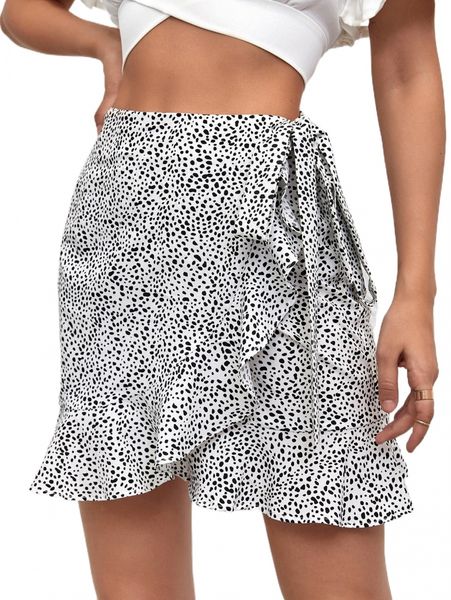 

dalmatian print ruffle trim wrap knot side skirt 45g3#, Black