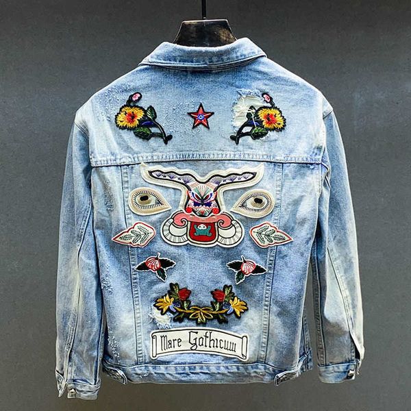 

luxury designer 2021 spring and summer baofushen denim jacket men's fashion brand loose beggar hole worn embroidery denim jacket, Black;brown