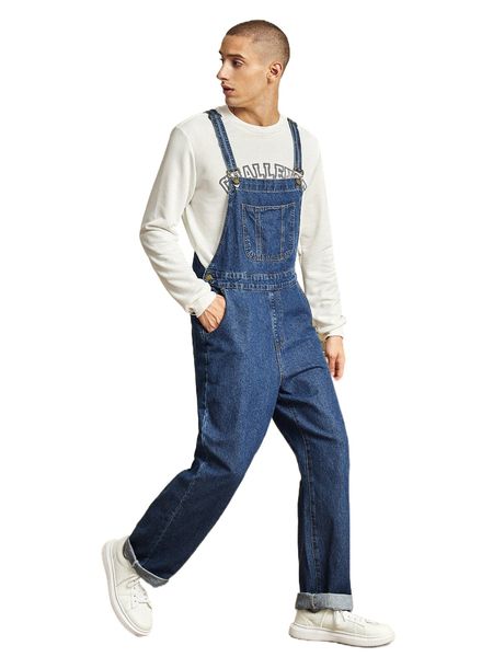 

men 1pc patched pocket button detail denim overalls o5co#, Gray