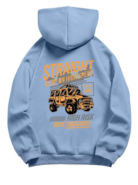

car & slogan graphic drawstring thermal lined hoodie a4rn#, Black
