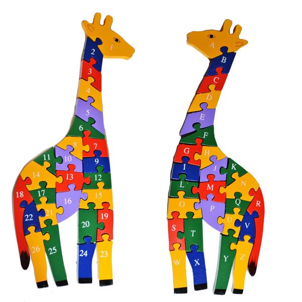 Doppi lati Numero Alfabeto Bambino Intelligenza Giraffa in legno Puzzle Cervello Animale Lettera Giocattolo