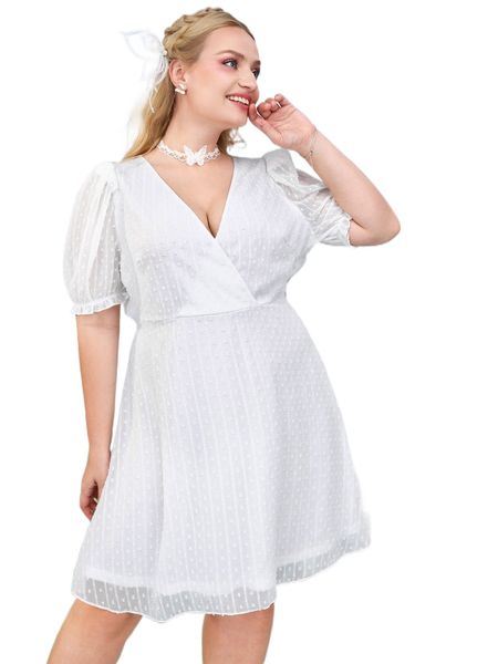 

plus swiss dot surplice neck puff sleeve chiffon dress x5e4#, Black