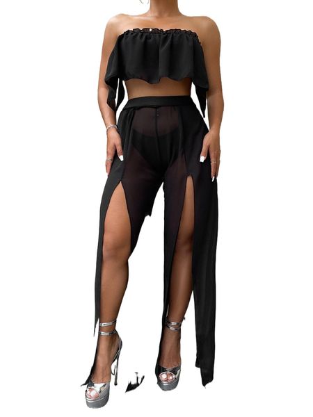 

ruffle bandeau bikini swimsuit with slit thigh beach pants y8dr#, White;black