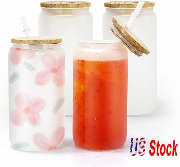 

usa/ca local warehouse 16oz sublimation glass tumblers beer mugs shaped can drinking glasses ice coffee soda glasses cups with bamboo lid 05