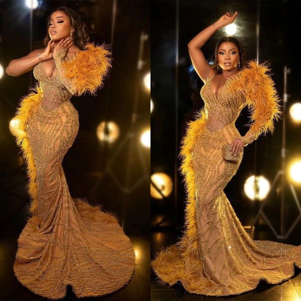 

yellow mermaid prom dresses princess lace appliques sequins one long sleeve puff tulle lace feather one shoulder floor length party gowns pl, Black