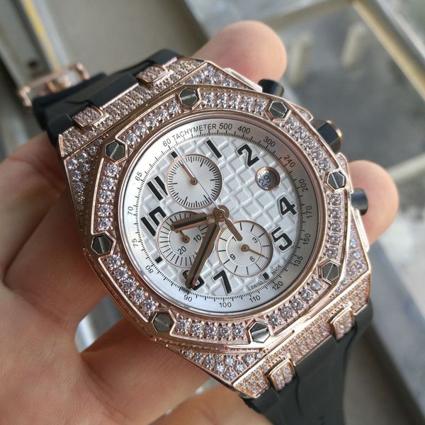 Мужские роскошные алмазные часы Quartz Движение батарея хронограф. Начальные часы натуральные натуральные резины AAA Designer Watches Montre de Luxe