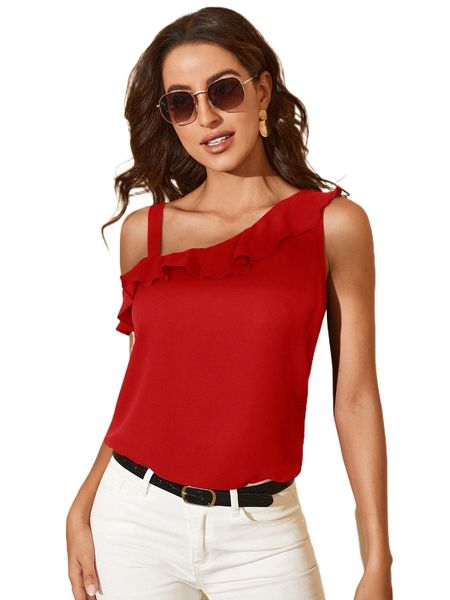 

asymmetrical neck ruffle trim a57n#, White