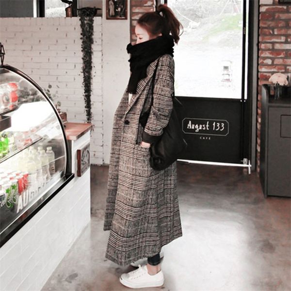 

autumn winter cashmere trench jacket women long casual plaid coat thickness warm woolen coat button pocket jackets outwear 201221, Black