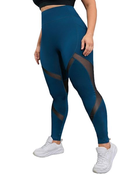 

plus mesh insert wideband waist sports leggings e98y#, Black