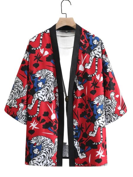 

men tiger & floral print open front kimono q5xj#, White;black