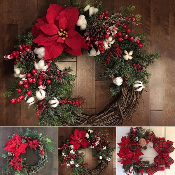 Flores decorativas grinaldas de natal grinaldas artificiais rattan círculo de parede decoração de parede flor flor não tecido de 2022 anos decorda