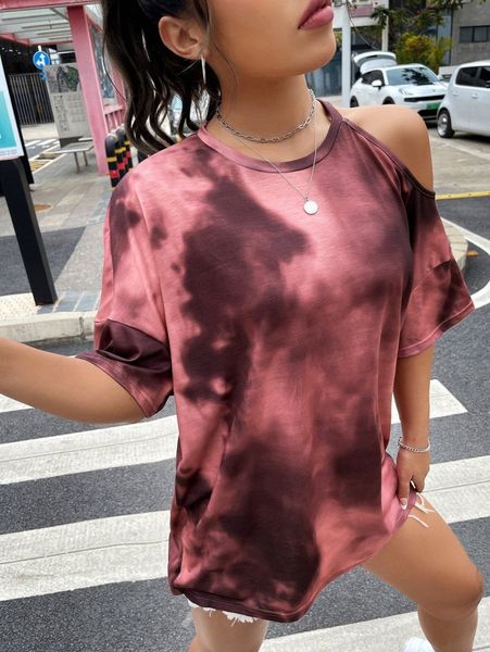 

tie dye cut out drop shoulder tee b87q#, White