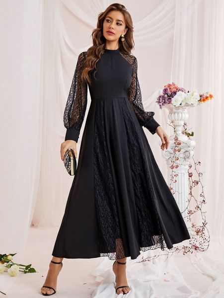 

contrast lace bishop sleeve keyhole neck dress j7o4#, Black;gray
