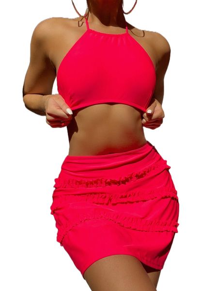 

plain frill trim halter high cut bikini swimsuit with beach skirt h7l8#, White;black