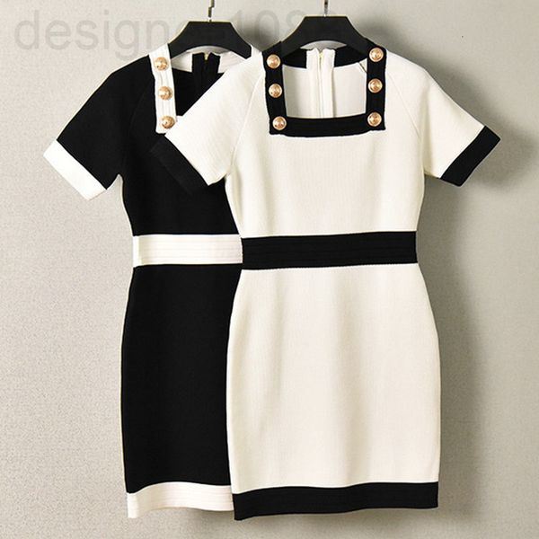

casual dresses designer 2022 spring / summer commuting temperament women's dress contrast color square collar gold button tight short s, Black;gray
