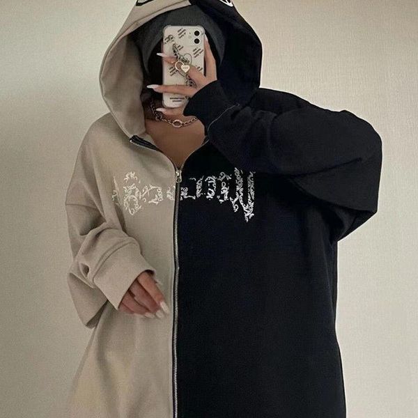

women's hoodies & sweatshirts gothic color contrast thick stitching zipper hoodie women hip-hop trend harajuku couple jacket oversized, Black