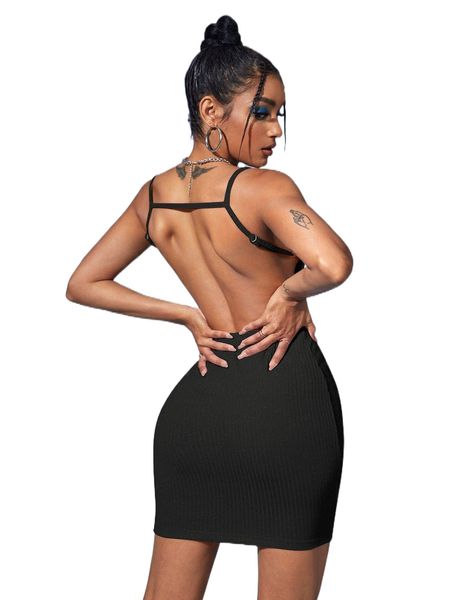 

solid rib knit backless bodycon dress 39cf#, Black;gray