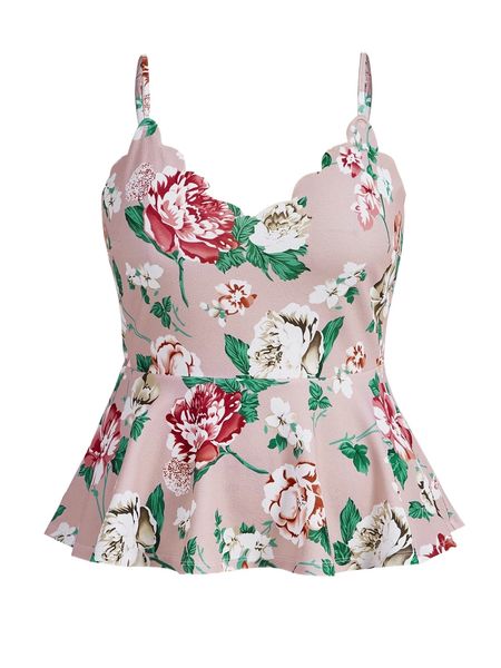 

plus floral print scallop trim peplum cami n933#, Black