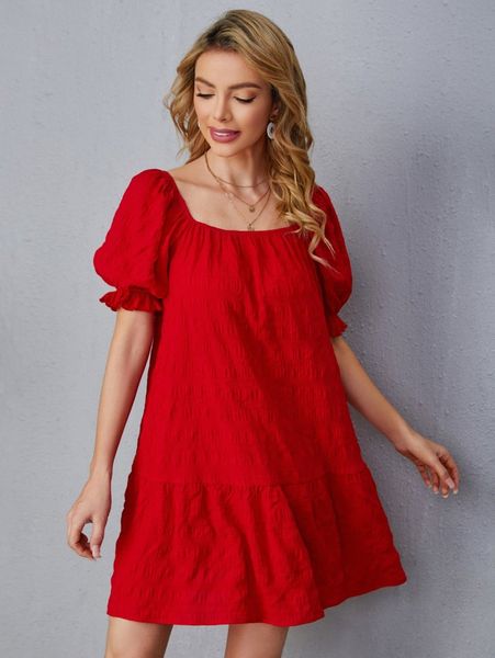 

square neck ruffle hem smock dress u9vg#, Black;gray