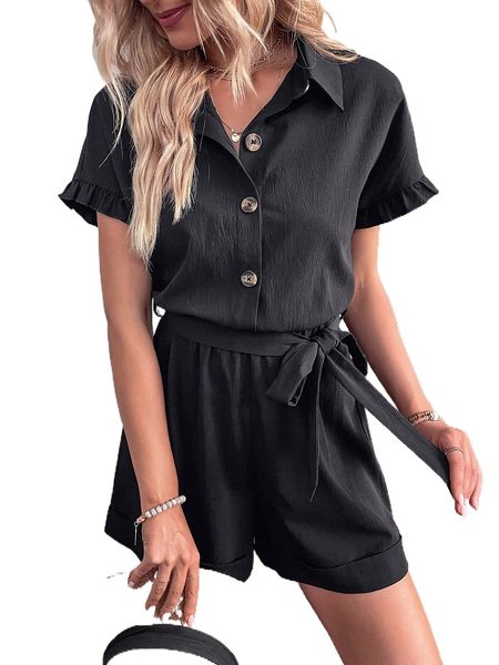 

flounce sleeve roll hem belted romper b43t#, Black;white