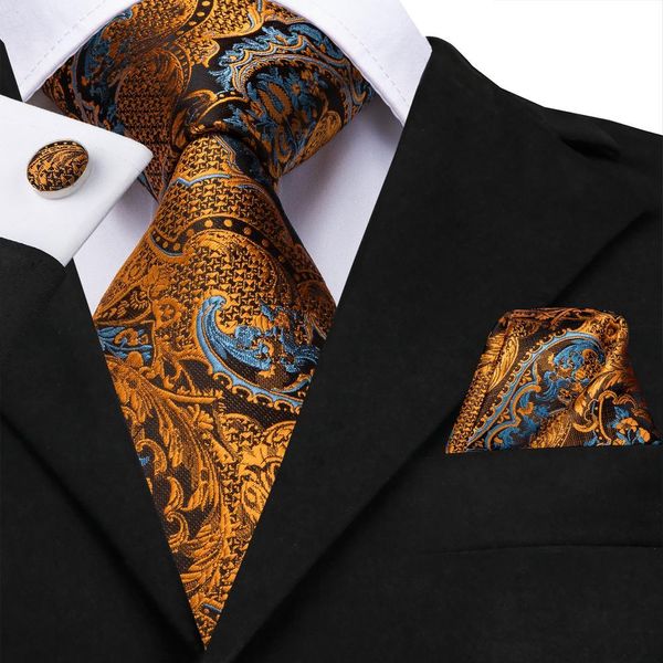 Hi-Tie Herren-Krawatte aus 100 % Seide mit Blumenmuster, schwarz und goldfarben, Paisley-Krawatte, Einstecktuch, Manschettenknöpfe, Set für Hochzeit, Party, Krawatte