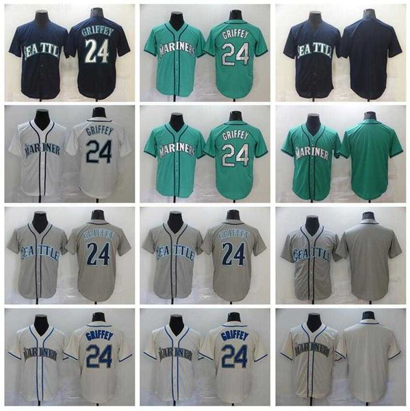 

man baseball 24 ken griffey jerseys blank navy blue green white grey beige team color flexbase cool base embroidery and stitched breathable, Blue;black