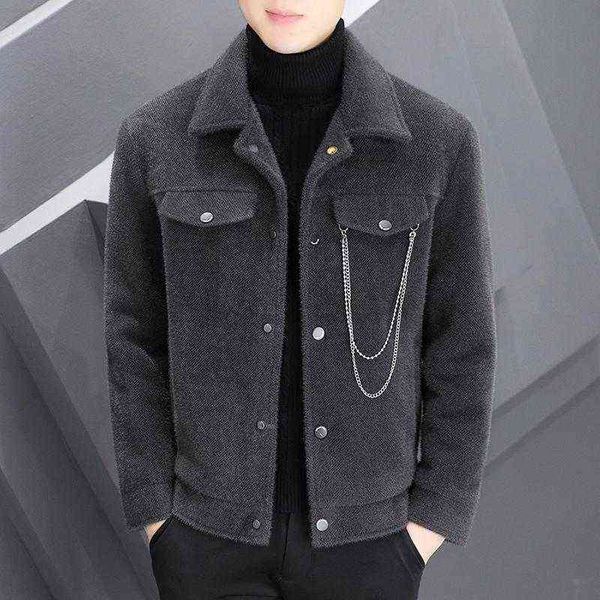 

men's wool & blends chain decoration jacket men autumn winter slim casual business trench coat streetwear social overcoat windbreaker t, Black