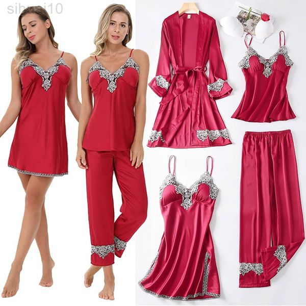 4pcs PJs Set Women Nightwear Pajamas Casual Satin Kamas Aokrobe Abito da notte sexy Nightwear Lace Intimo Lingerie Soft Home Clothing L220803