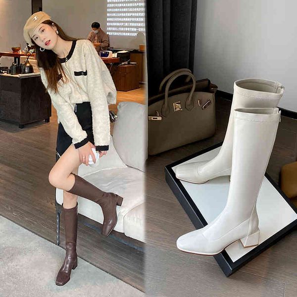 

boots brown fat mm boots women's thick heel square head thin high tube leg knight elastic large circumference long spring dv03, Black