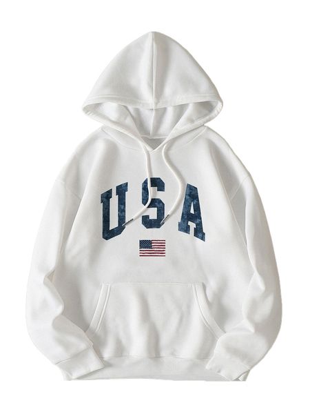 

letter and american flag print drawstring thermal lined hoodie e7ju#, Black
