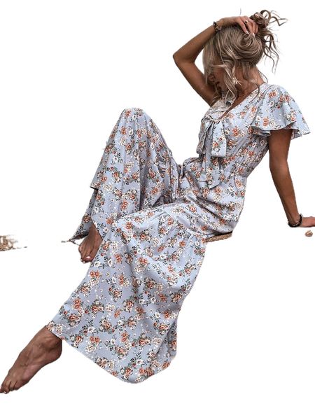 

floral print tie front ruffle hem jumpsuit a4mf#, Black;white