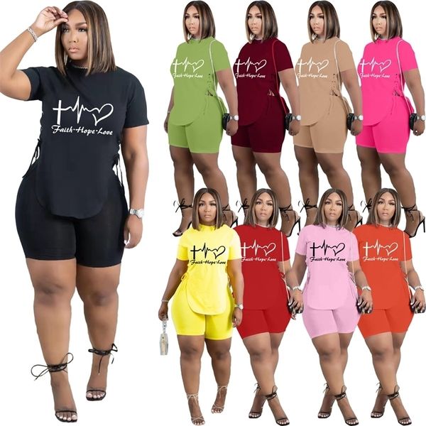 

plus size s-4xl women tracksuits summer casual t-shirt side split letters printed biker shorts outfits ladies workout clothes, Black