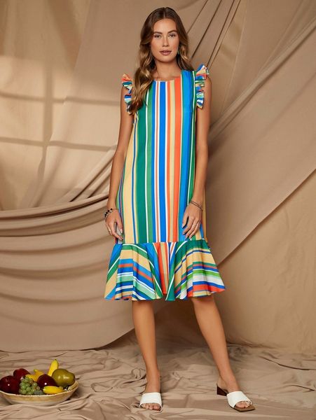 

striped print ruffle hem smock dress k4je#, Black;gray