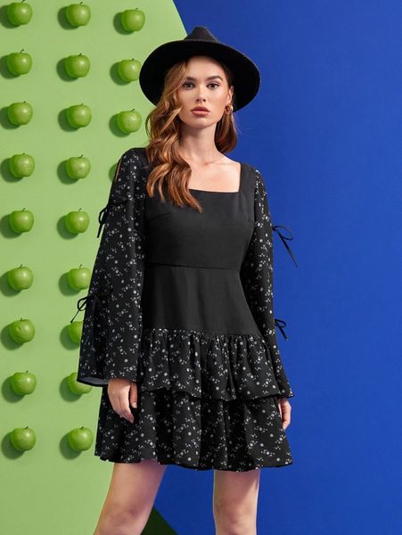 

x alf studio ditsy floral square neck knot trumpet sleeve layer hem dress o3jj#, Black;gray